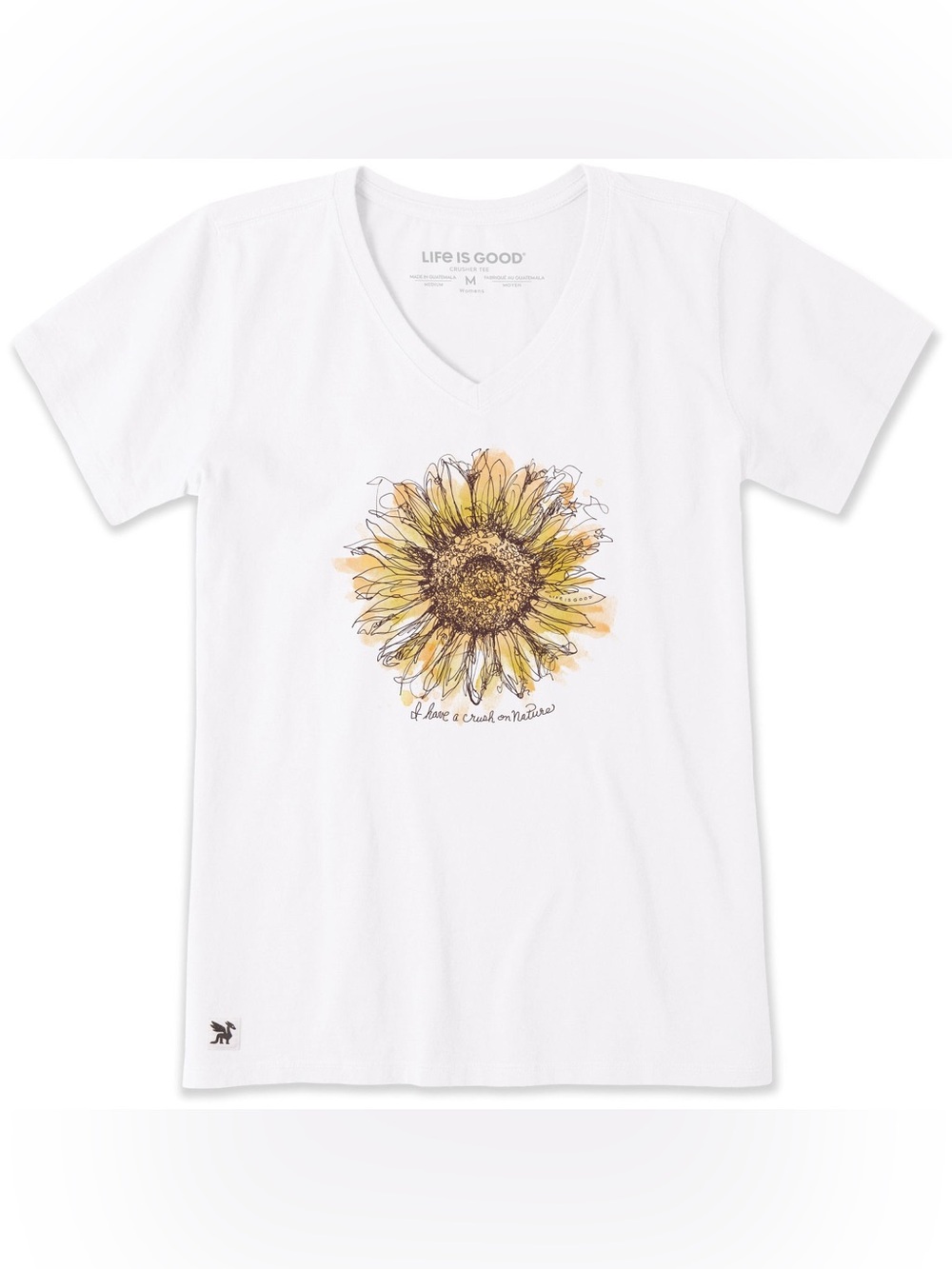 LIFE IS GOOD SCRIBBLED SUNFLOWER SHORT SLEEVE V-NECK TEE WHITE WOMEN’S LARGE